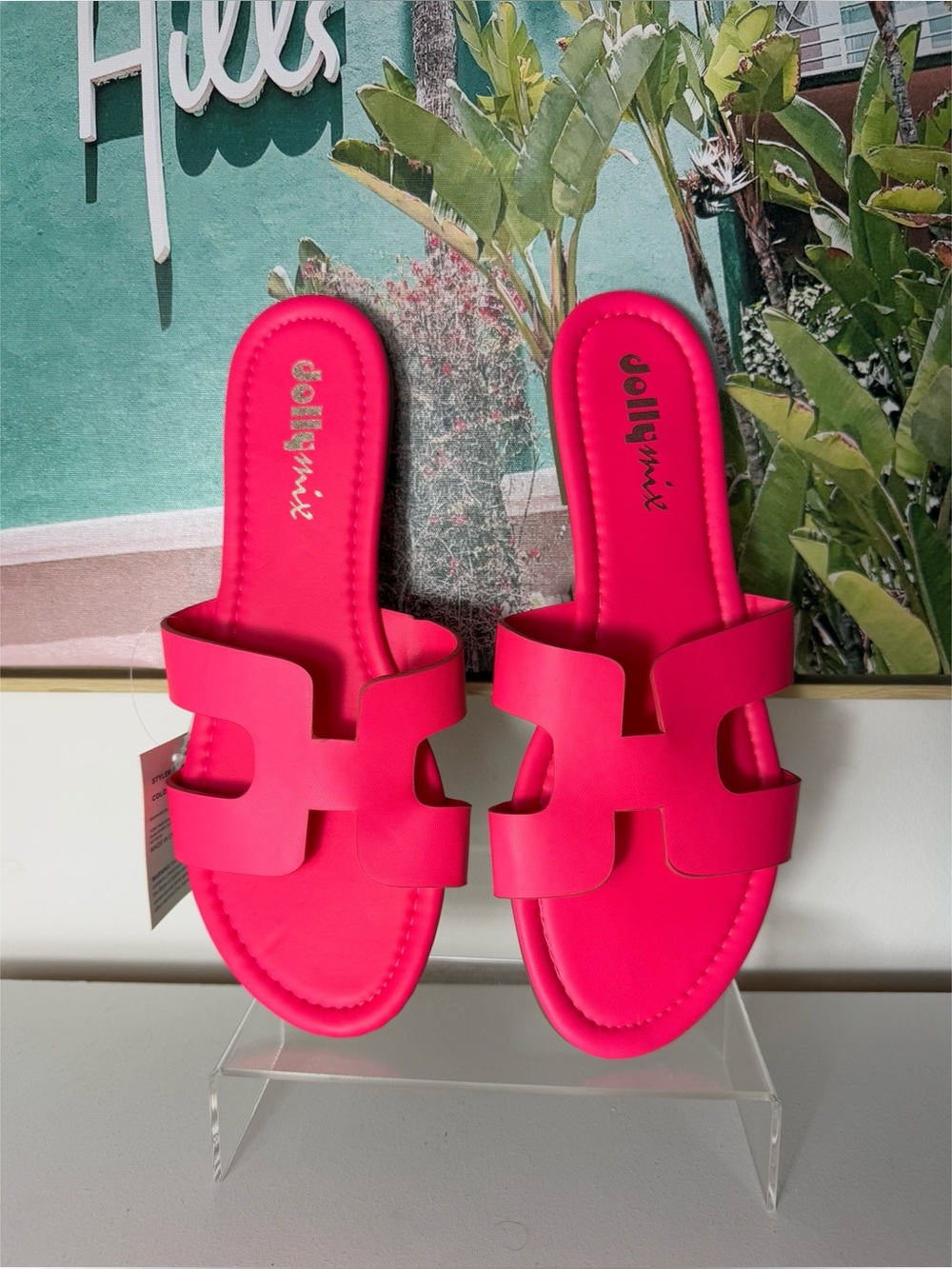 Dollymix Ivona Neon Pink H Band Flat Slide Sandals Cutout Open Toe New Size 11